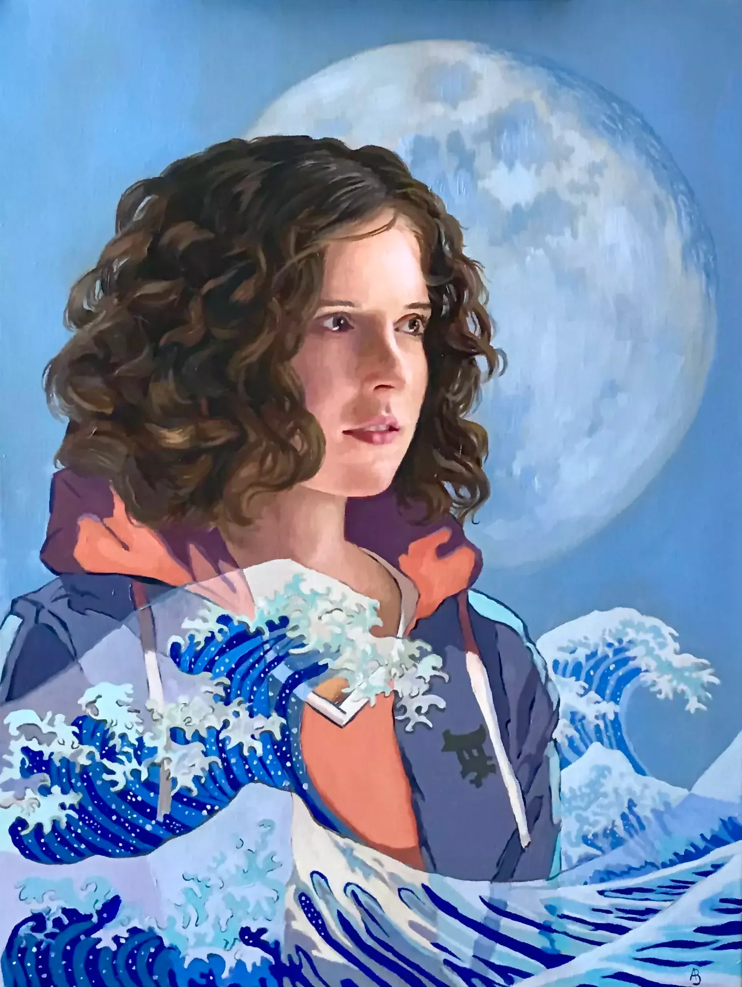 Painting of a young girl featuring ocean waves and a moon in the background by Angela Burdon