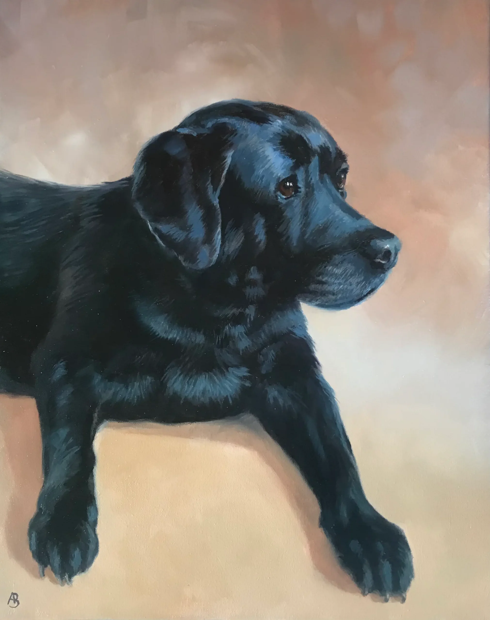 Painting of a black lab by Angela